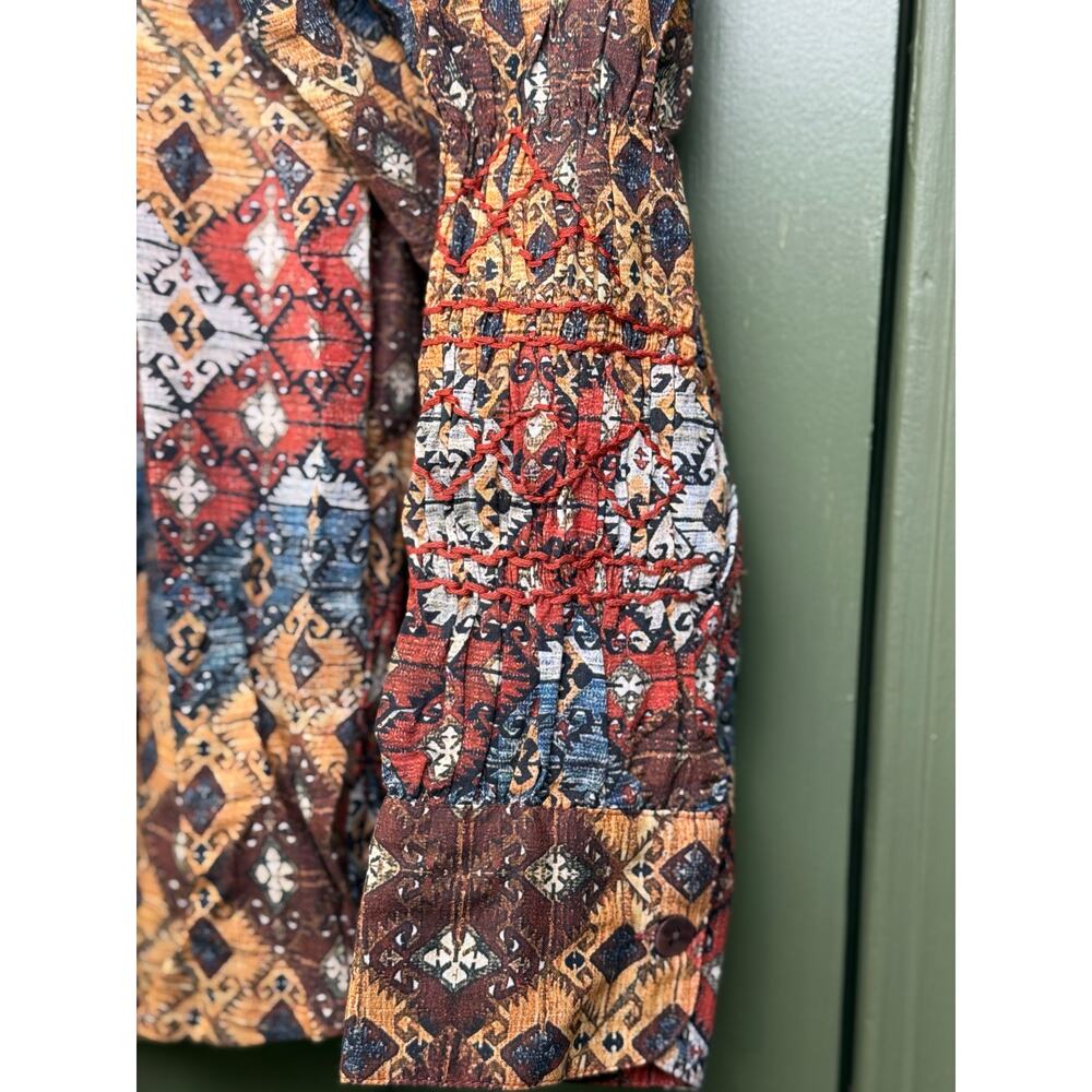 NWT Ro's Garden Gin Shirt Smocked Embroidered Boho Top Button Up Lachen Brown XS - Picture 3 of 6